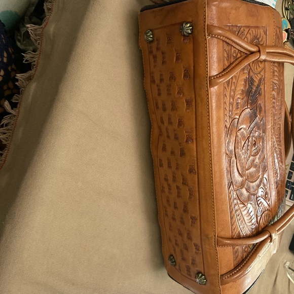 Vintage Gailan Leather Satchel Floral Engraving Made in Mexico Handbag Purse - Picture 14 of 14